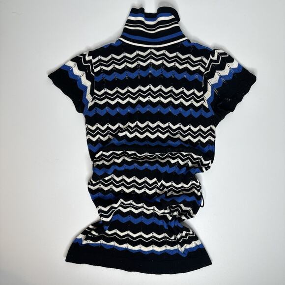 90s Y2K Vintage Mock Neck Turtleneck Tunic Top Small Blue Black Striped Retro - Picture 1 of 7